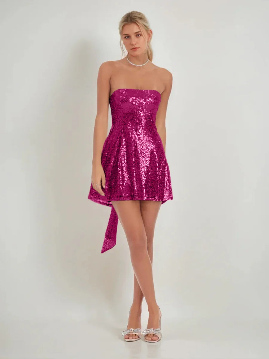 Bow Sequin Strapless A-Line Mini Homecoming Dress for Prom Night