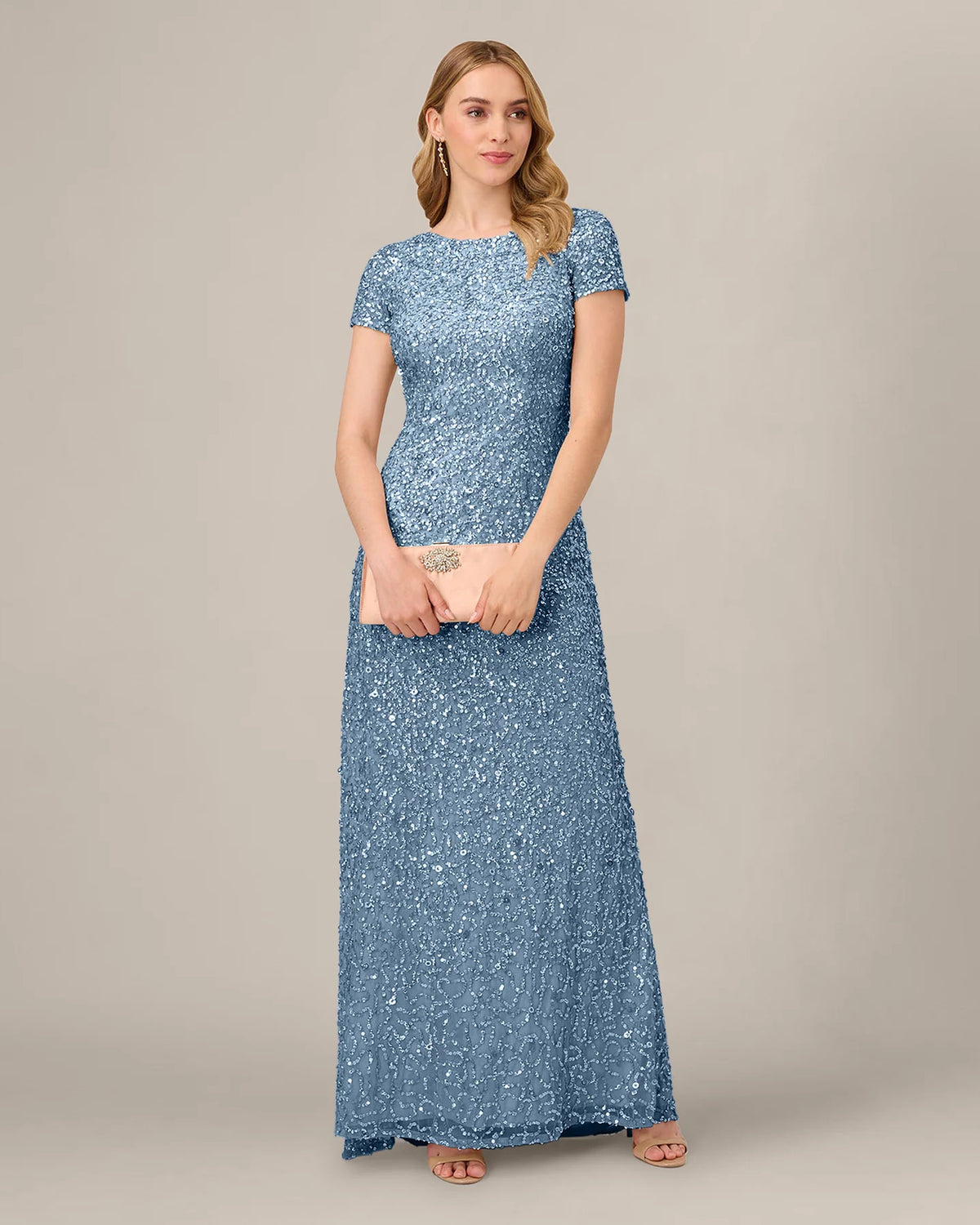 Beaded Sequin Short-Sleeve A-Line Floor-Length Mother of the Bride Dress for Wedding Dinner