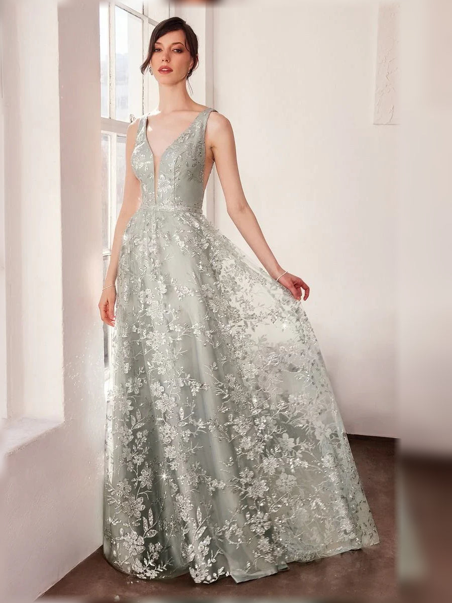 Floral Print V Neck A-Line Floor-Length Formal Dress