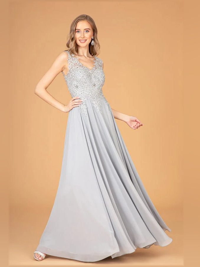 Beaded Embroidered V Neck A-Line Floor-Length Chiffon Prom Dress for Charity Ball