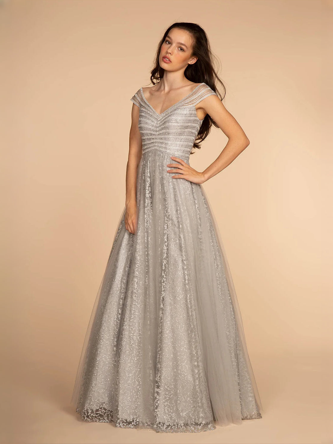 Beaded Glitter V Neck A-Line Floor-Length Tulle Prom Dress for Ballroom Event
