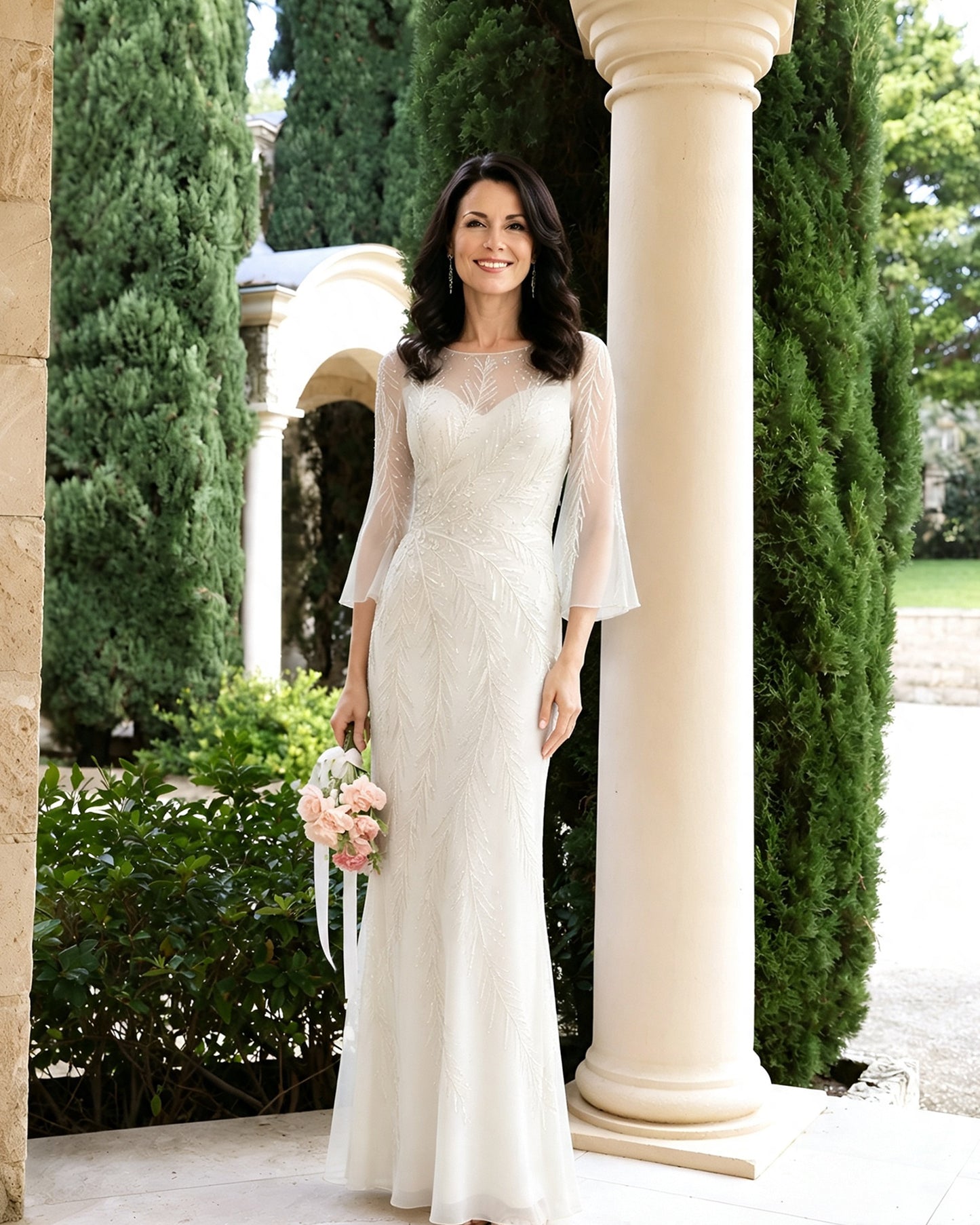 Beaded Illusion Neck Mother of the Bride Dress with Bell Sleeves