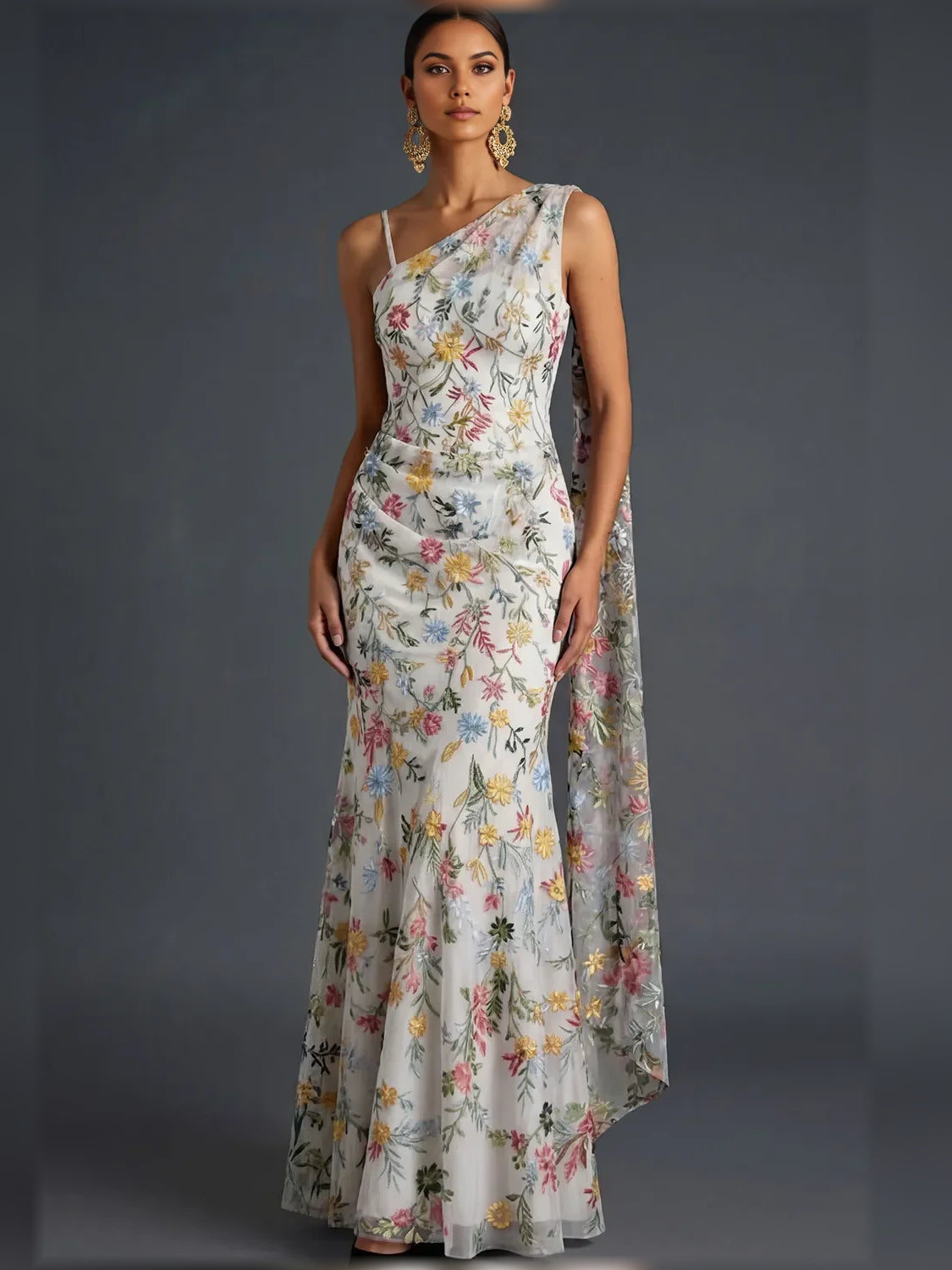 Floral Print One-Shoulder Open Back Floor-Length Formal Dress
