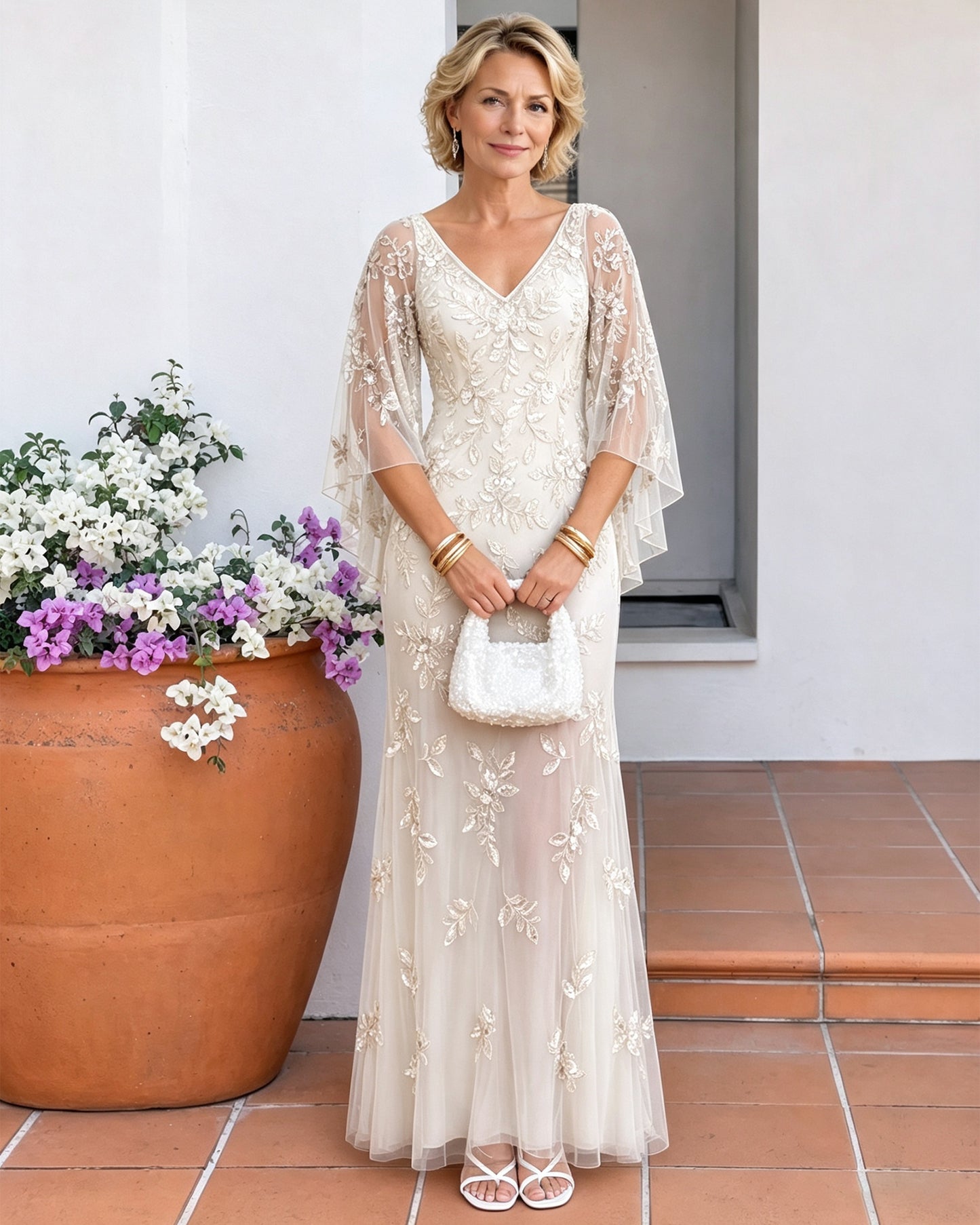 V-Neck Floral Sequin Mother of the Bride Dress with Cape Sleeves