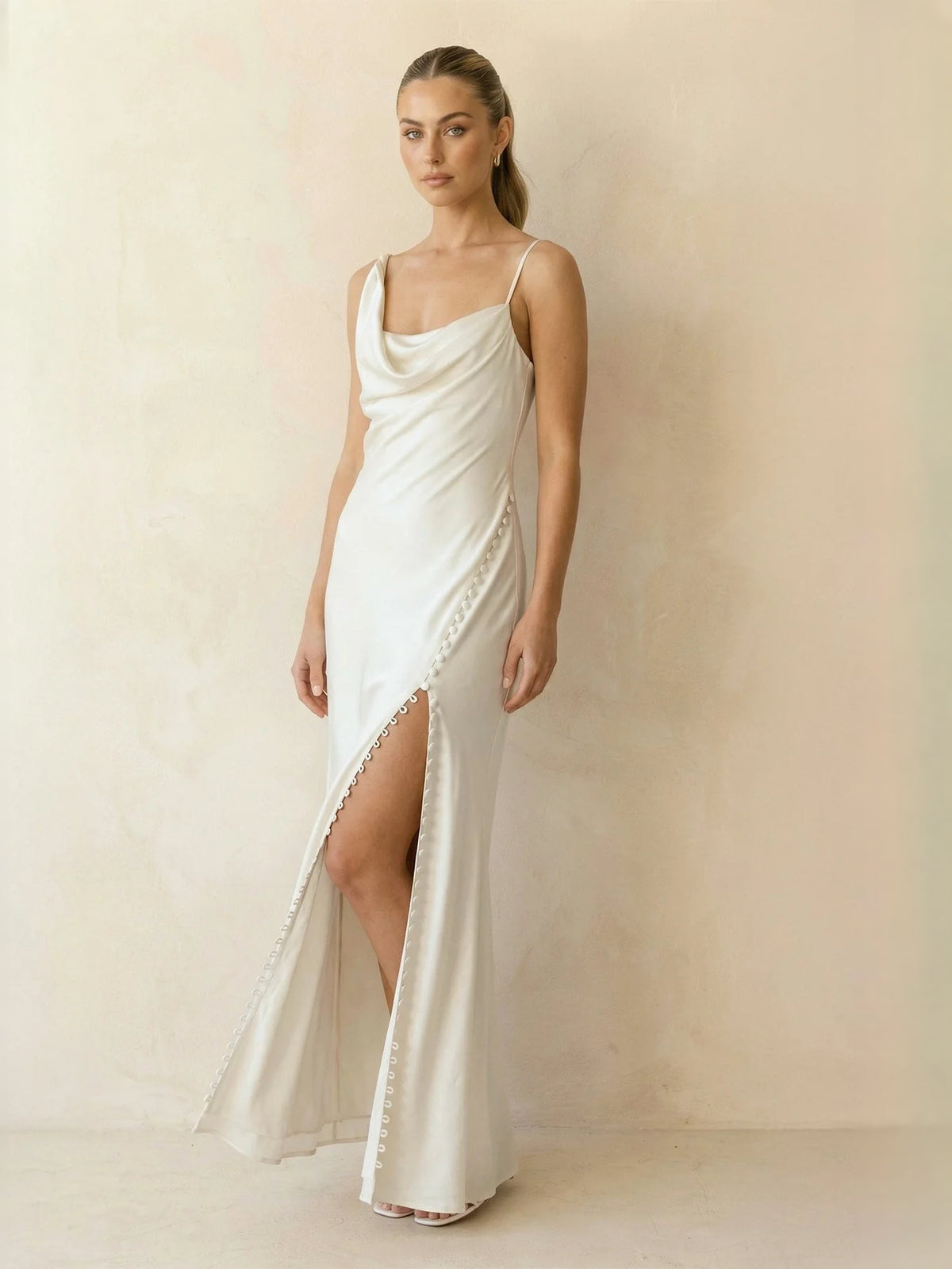 Draped Corset Slit Cowl Neck Mermaid Maxi Satin Bridesmaid Dress for Formal Wedding