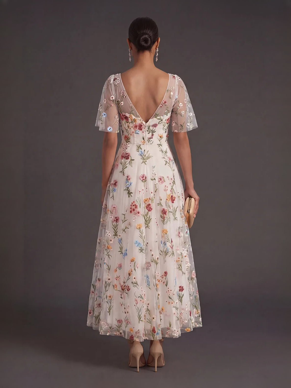 Ivory Embroidered Floral V Neck A-Line Tea-Length Tulle Prom Dress for Senior Prom