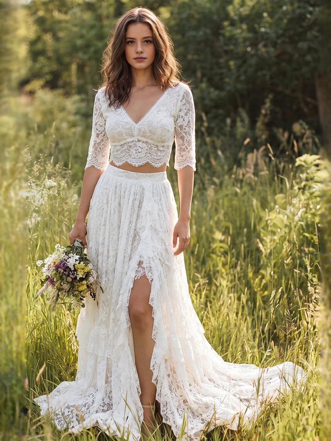 Back-Slit Tiered Floral Ruffled Slit V Neck A-Line Maxi Wedding Dress for Church Wedding