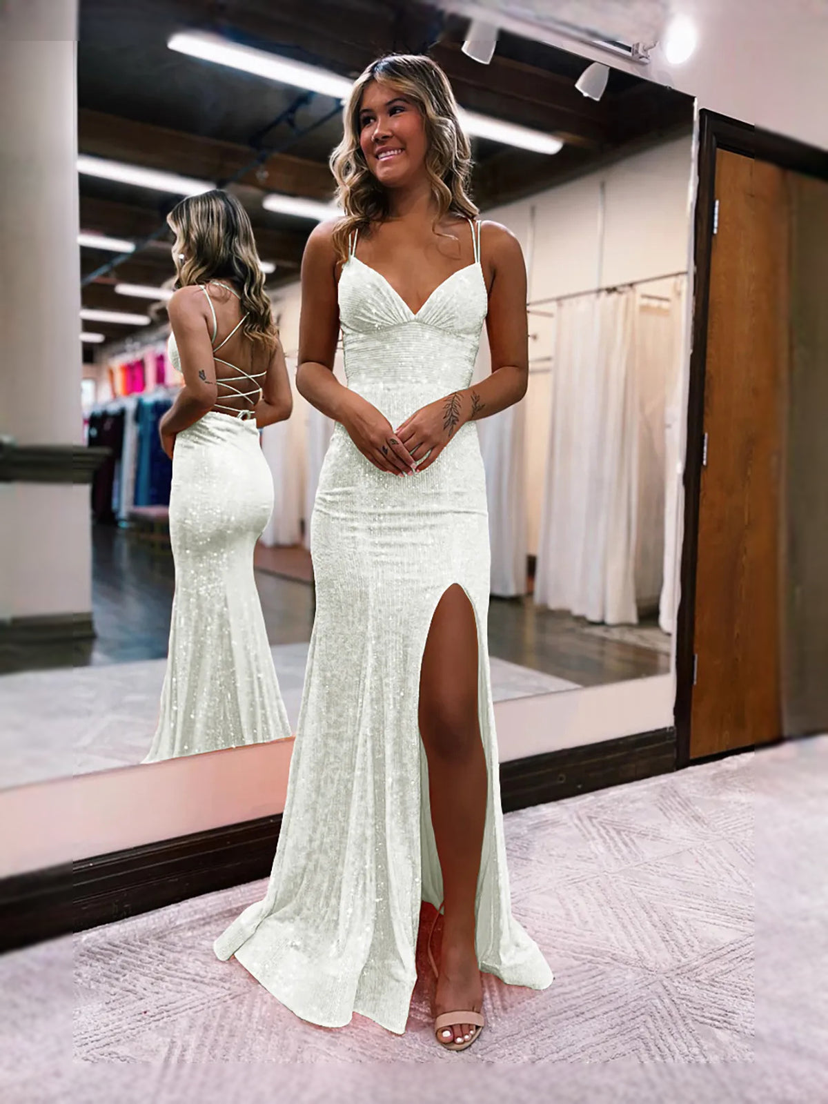 Sequin Slit V Neck Sheath Floor-Length Prom Dress for Prom Night