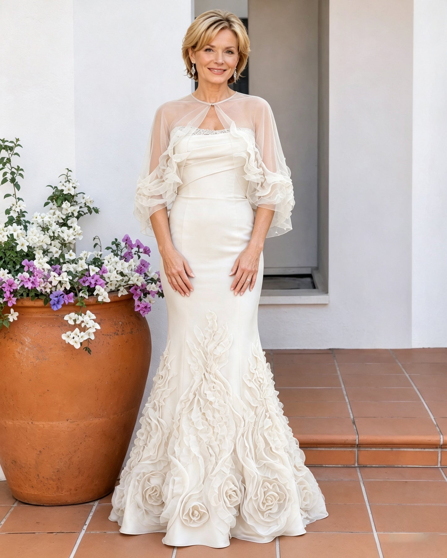 Rosette Mermaid Mother of the Bride Dress with Sheer Cape