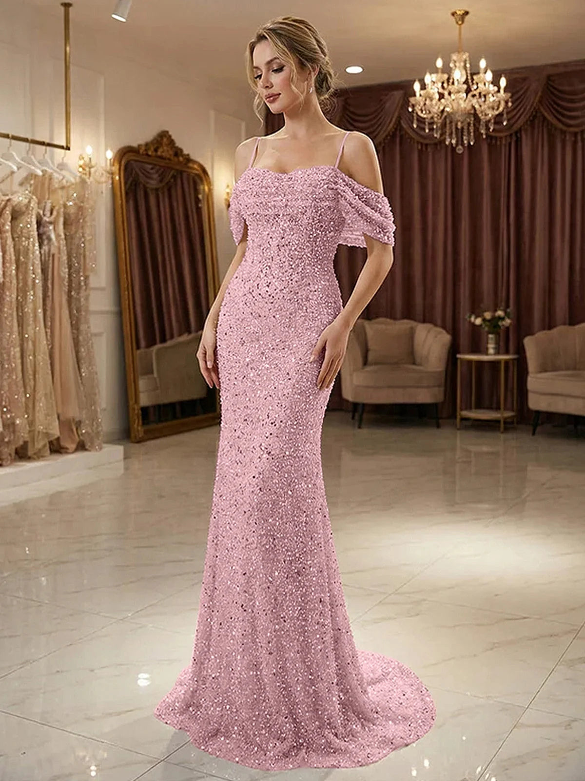 Ruffled Beaded Off Shoulder Mermaid Floor-Length Prom Dress for Prom Night