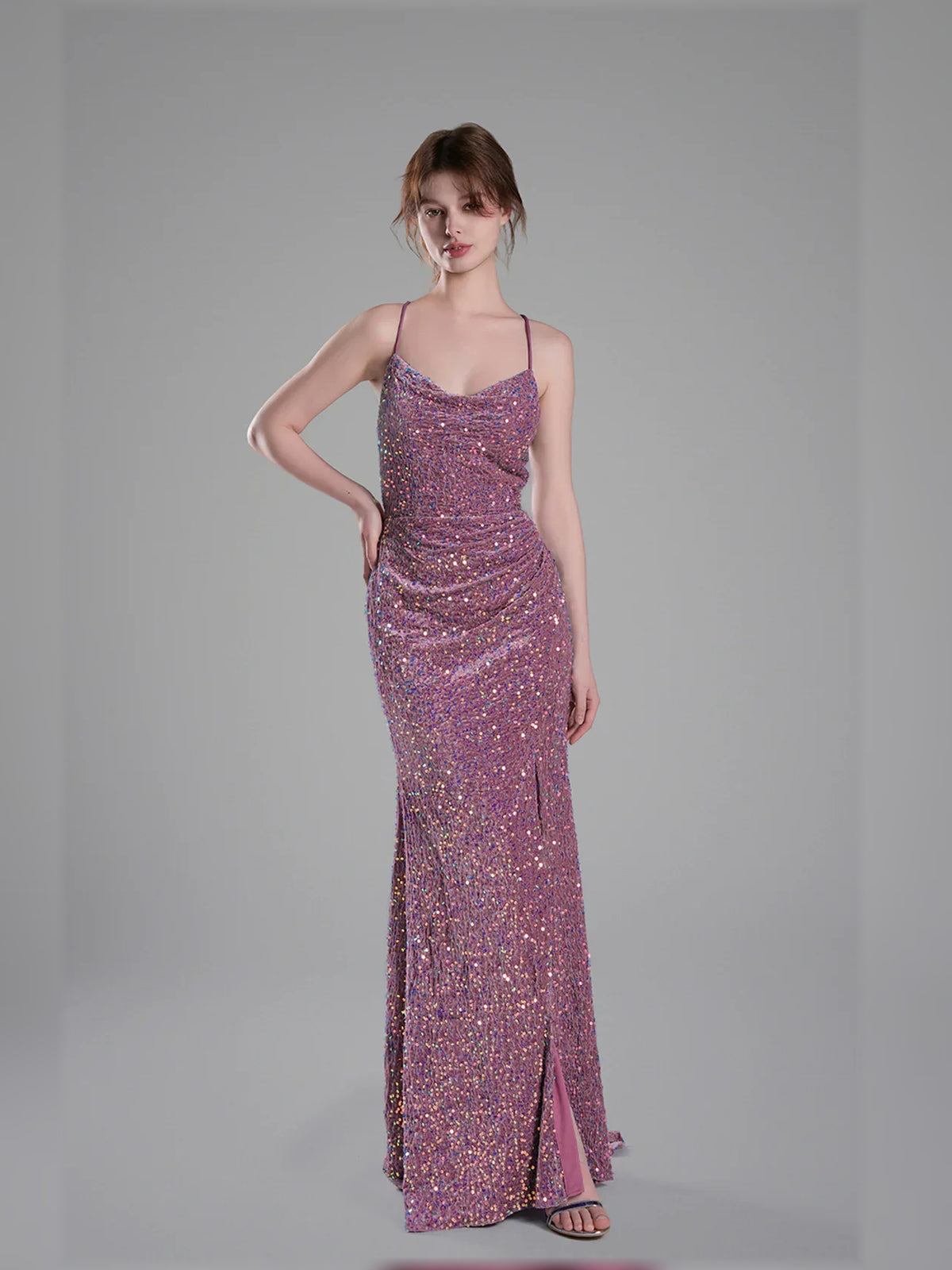 Cowl Neck Slit Open Back Floor-Length Formal Dress