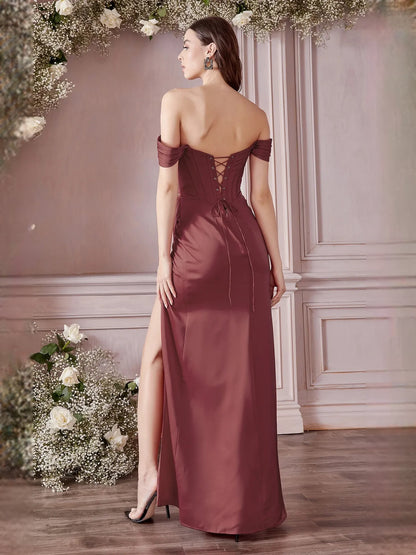 Off-The-Shoulder Corset Pleats Floor-Length Formal Dress