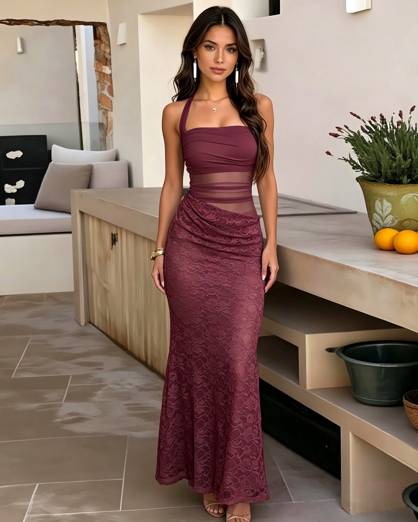 Square Neck Two Piece Lace Mermaid Formal Dress with Tie Straps
