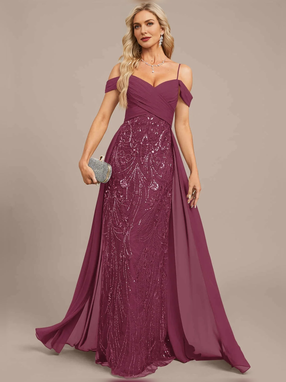 Pleated Draped Sweetheart Mermaid Maxi Chiffon Mother of the Bride Dress for Wedding Celebration