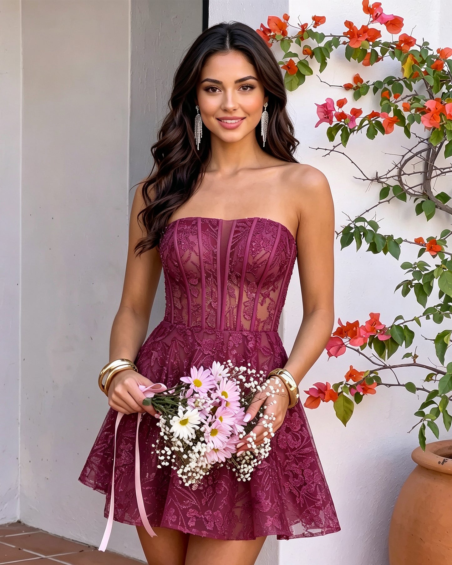 Strapless Floral Lace Corset A-Line Mini Homecoming Dress