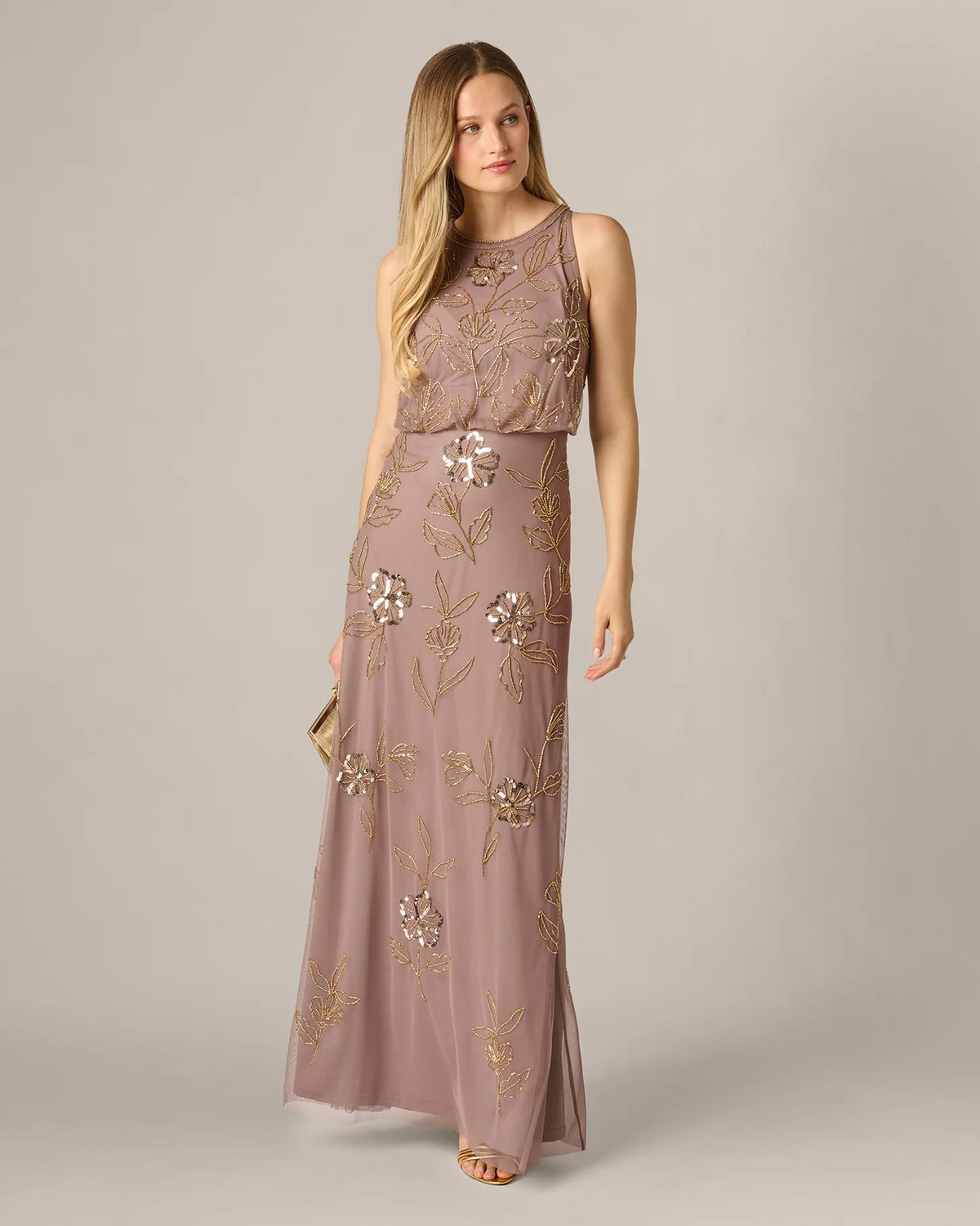 Floral Print Embellished Sleeveless A-Line Maxi Mother of the Bride Dress for Ballroom Reception