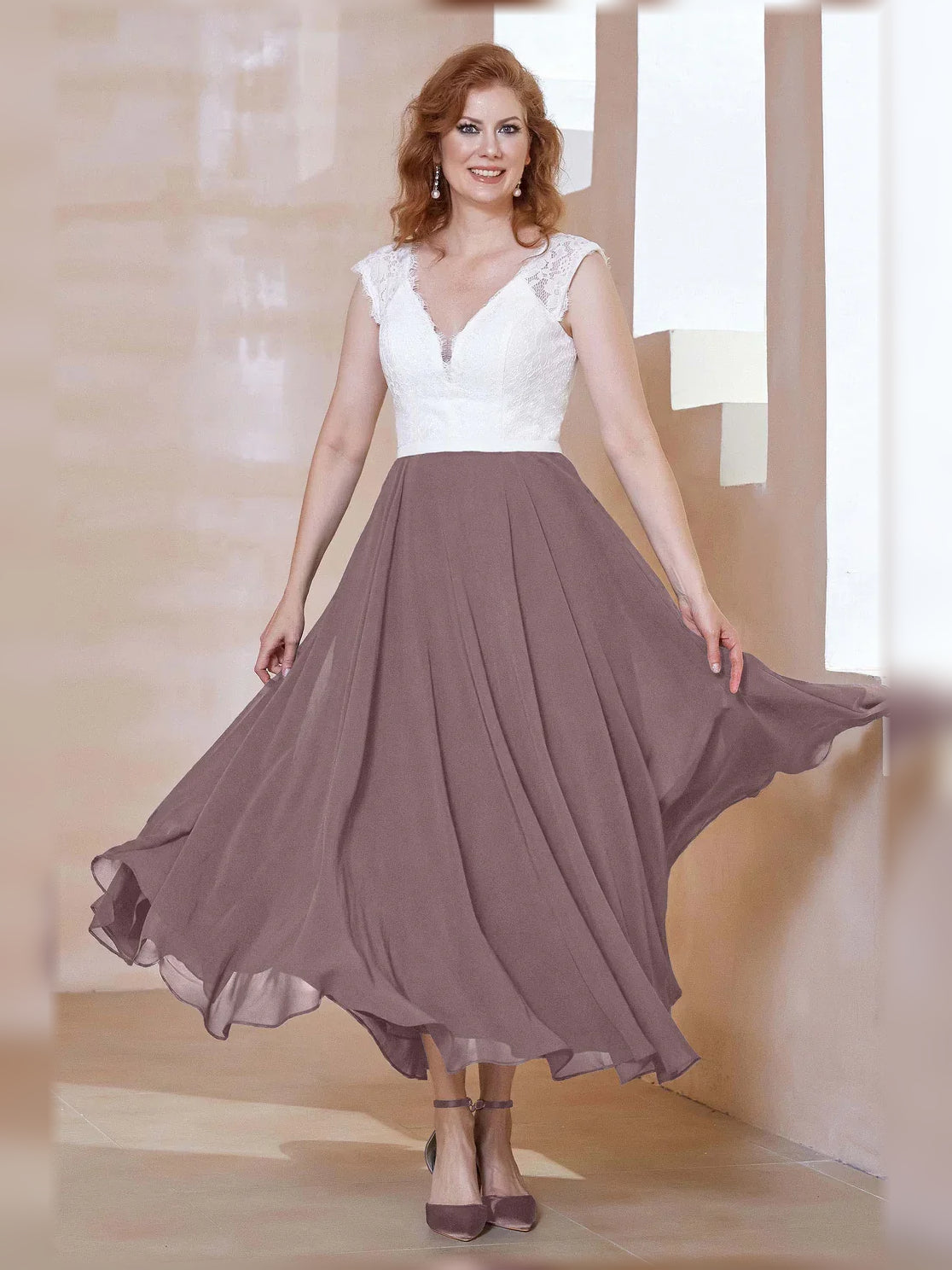 V Neck A-Line Midi Chiffon Mother of the Bride Dress for Ceremony Dinner