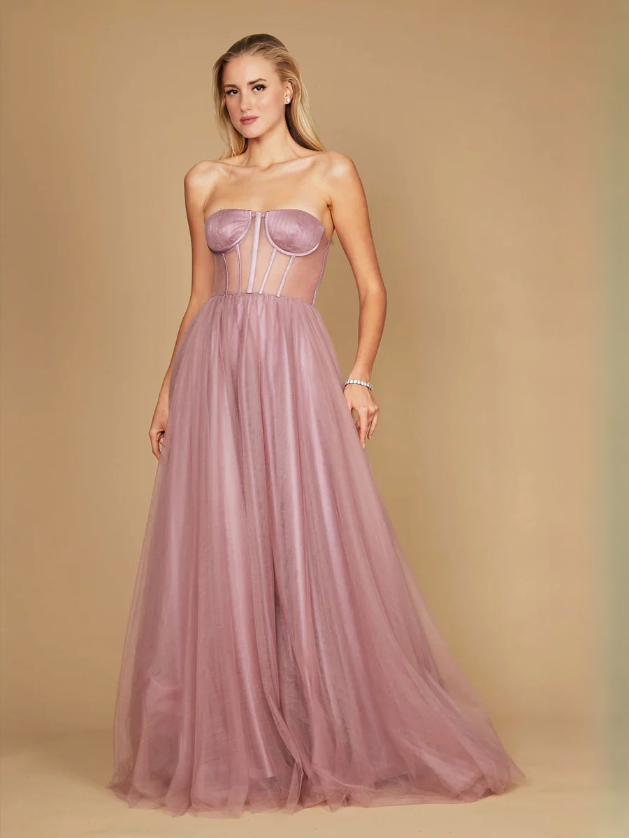 Corset Glitter Strapless A-Line Floor-Length Tulle Prom Dress for Black Tie Event