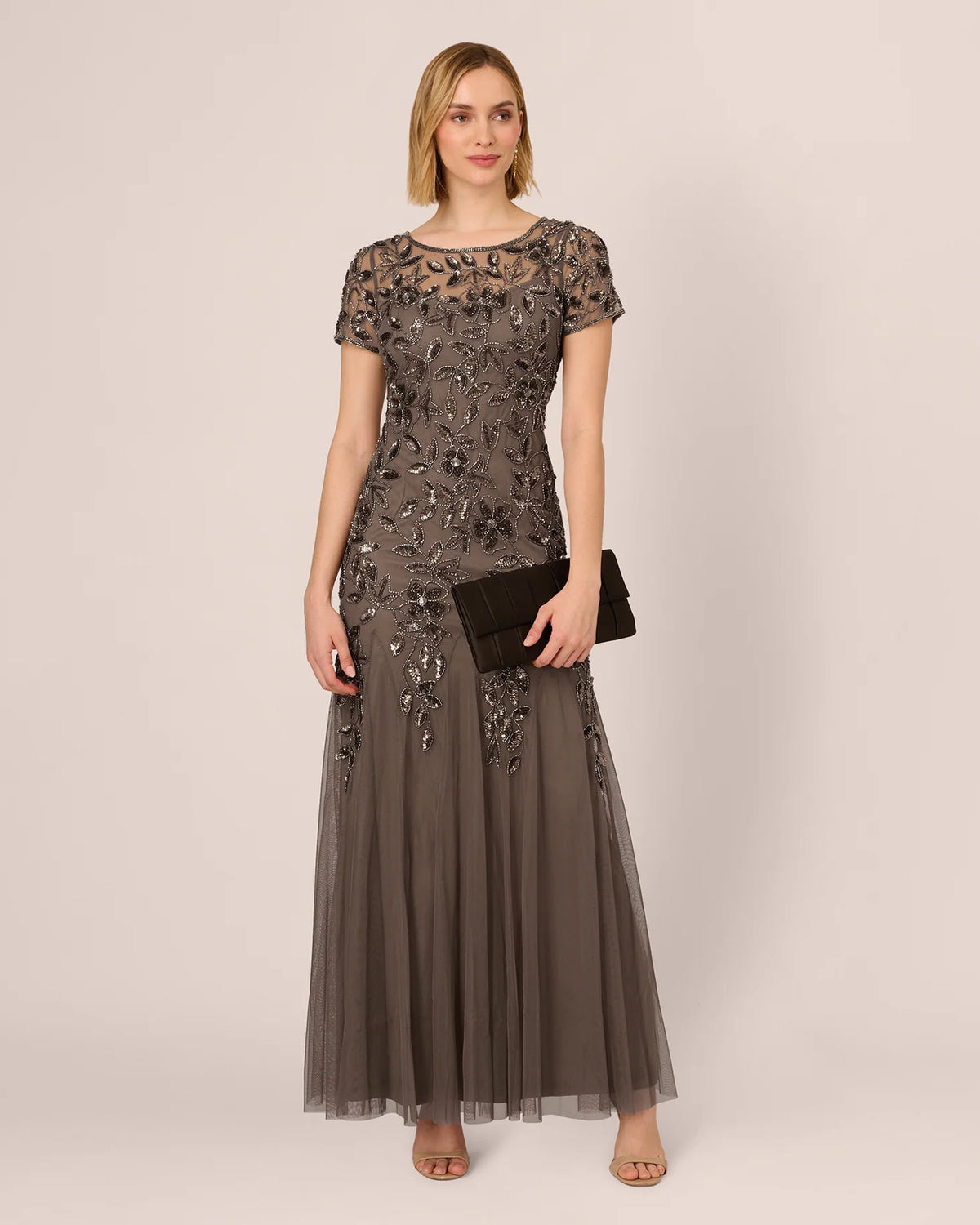 Floral Print Short-Sleeve A-Line Maxi Mother of the Bride Dress for Wedding Ceremony