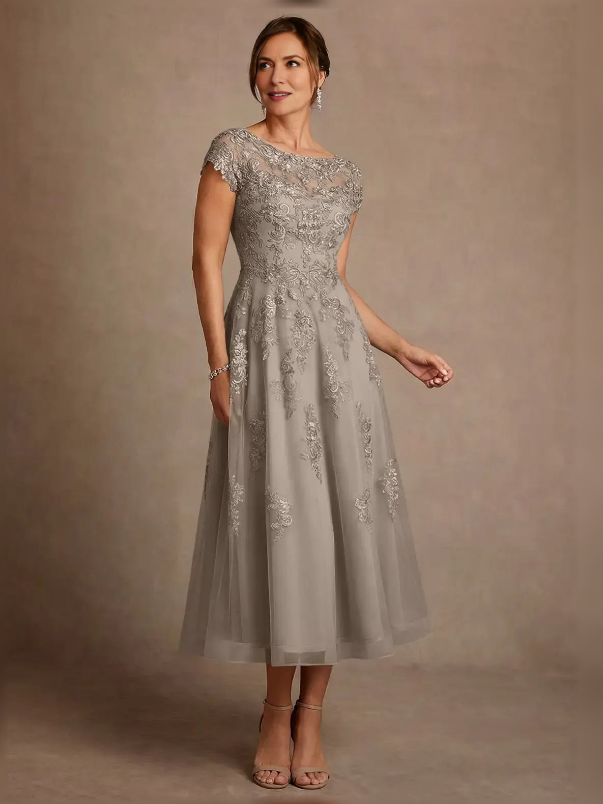 Embroidered Illusion Neck A-Line Midi Mother of the Bride Dress for Ballroom Reception