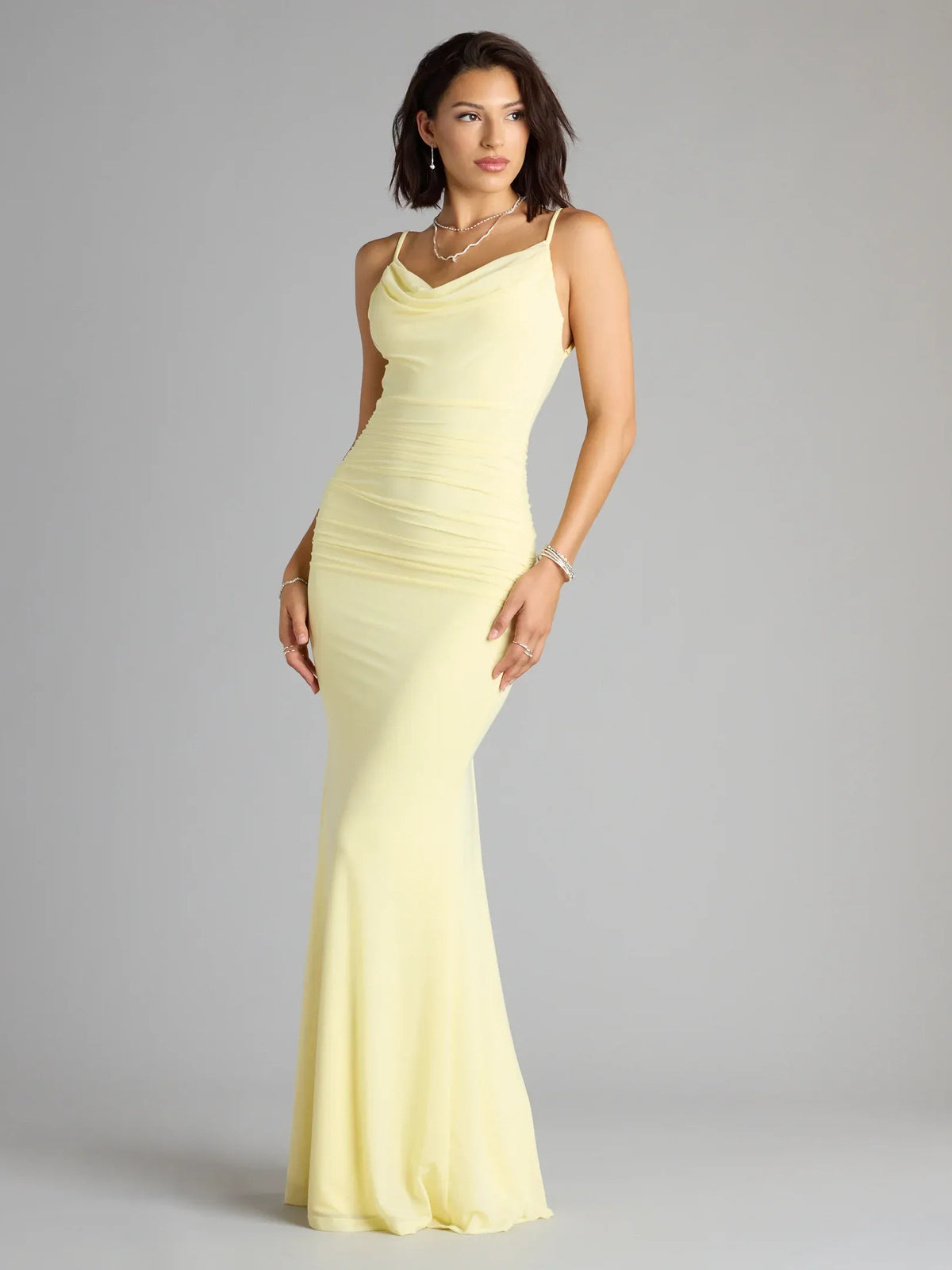 Cowl Neck Ruching Open Back Floor-Length Formal Dress
