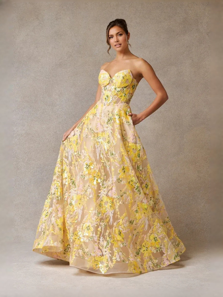 Yellow Corset Embroidered Floral Sweetheart A-Line Floor-Length Tulle Prom Dress for Prom Night