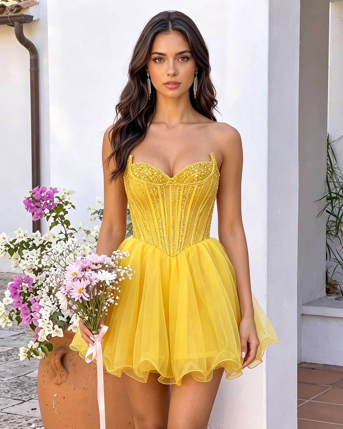 Strapless Sweetheart Beaded Corset Tulle A-Line Mini Homecoming Dress