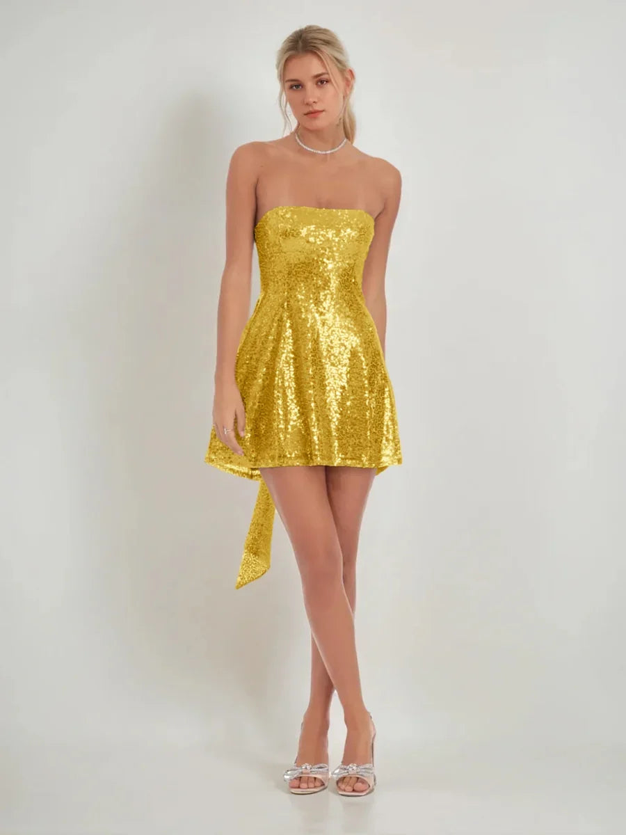 Bow Sequin Strapless A-Line Mini Homecoming Dress for Prom Night