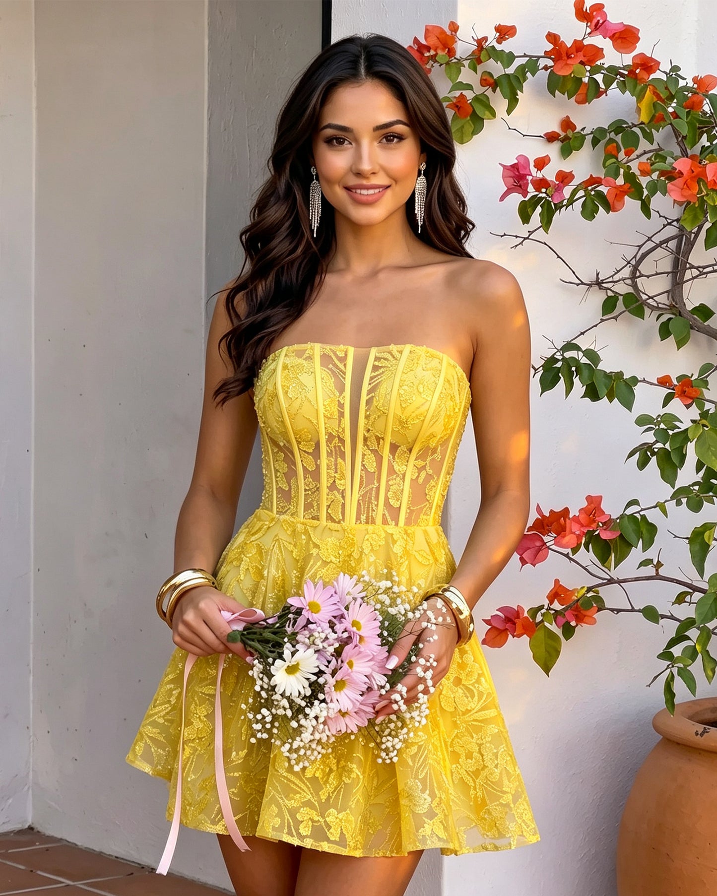 Strapless Floral Lace Corset A-Line Mini Homecoming Dress