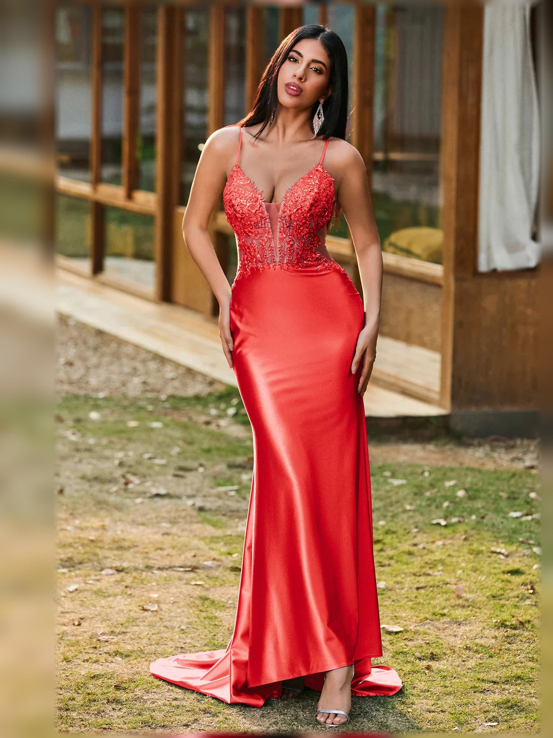 V Neck Corset Lace-Up Back Floor-Length Formal Dress