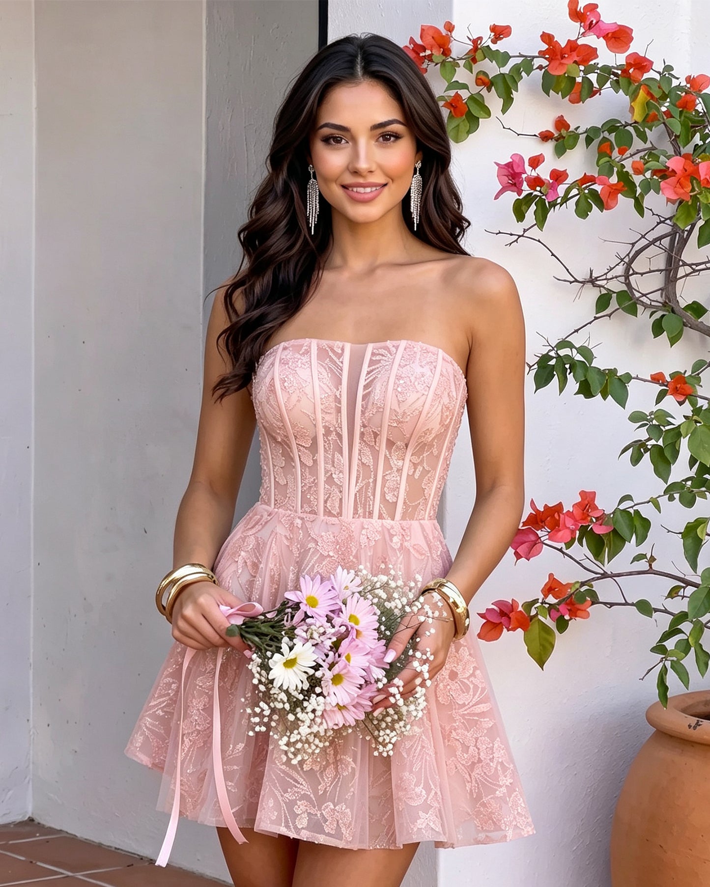 Strapless Floral Lace Corset A-Line Mini Homecoming Dress