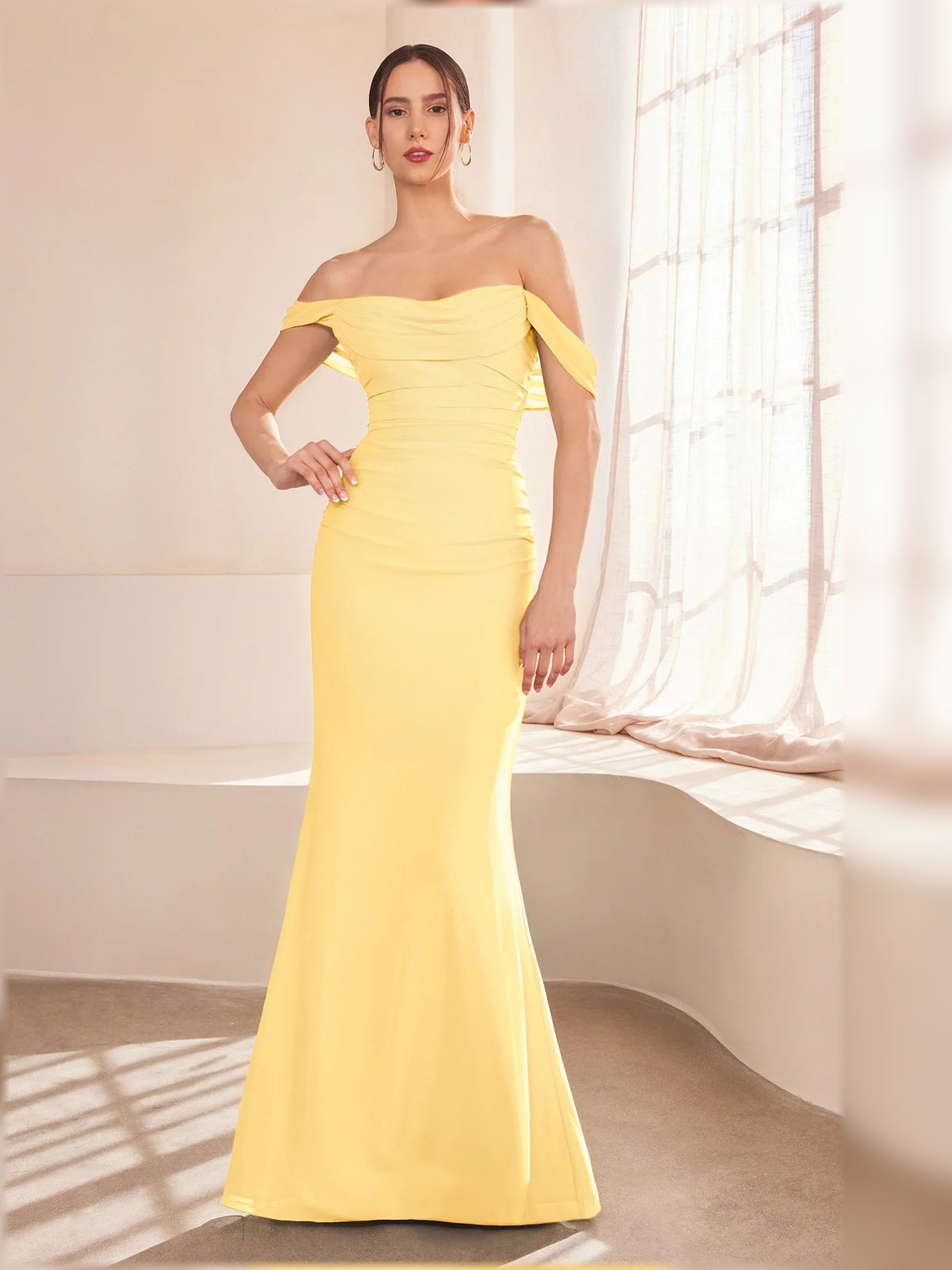 Off-The-Shoulder Ruching Lace-Up Back Floor-Length Formal Dress