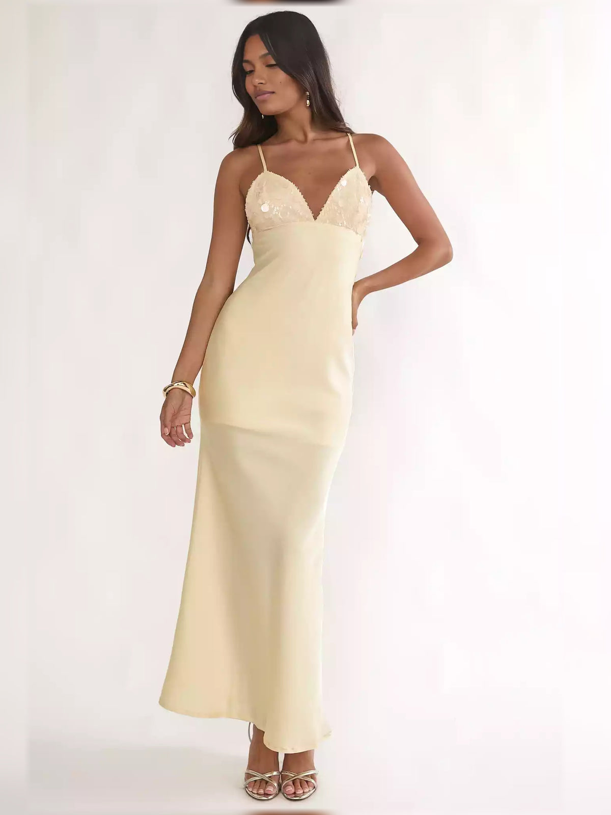 V Neck Spaghetti Strap Open Back Floor-Length Formal Dress