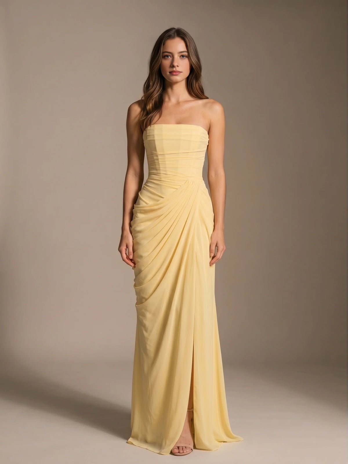 Ruched Draped Slit Strapless Mermaid Maxi Chiffon Bridesmaid Dress for Garden Wedding