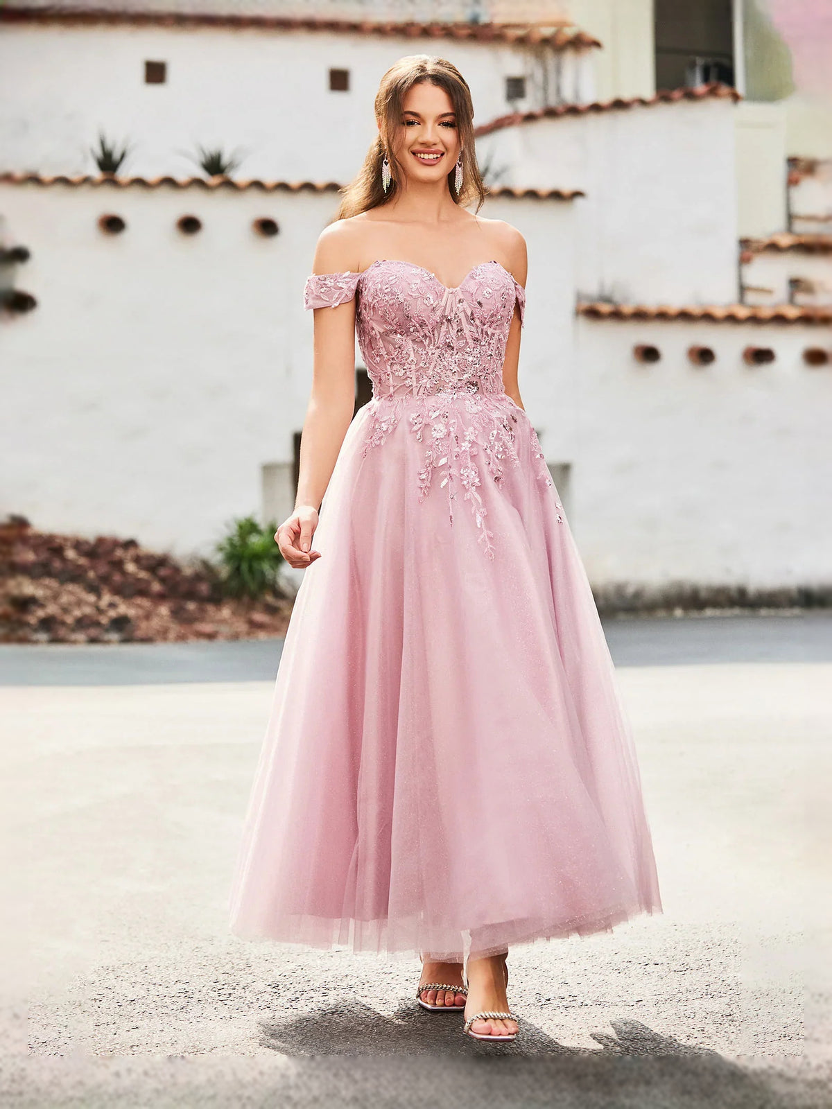 Corset Glitter Sweetheart A-Line Tea-Length Tulle Prom Dress for Special Occasion