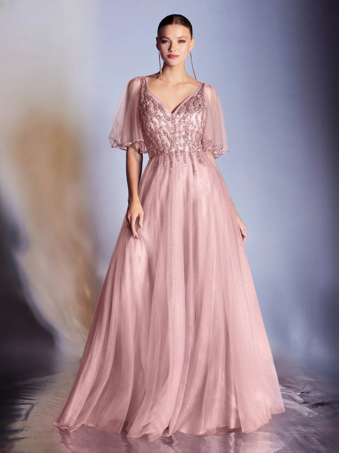 Draped Layered V Neck A-Line Floor-Length Tulle Prom Dress for Senior Prom