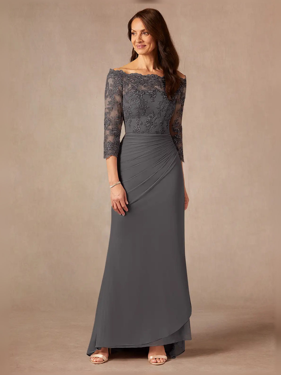 Ruched Off Shoulder Sheath Maxi Chiffon Mother of the Bride Dress for Wedding Reception