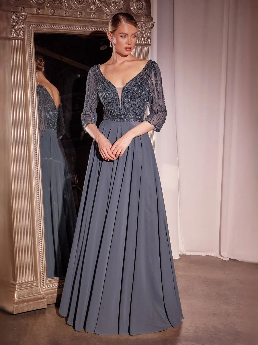Draped Beaded V Neck A-Line Maxi Chiffon Prom Dress for Winter Formal