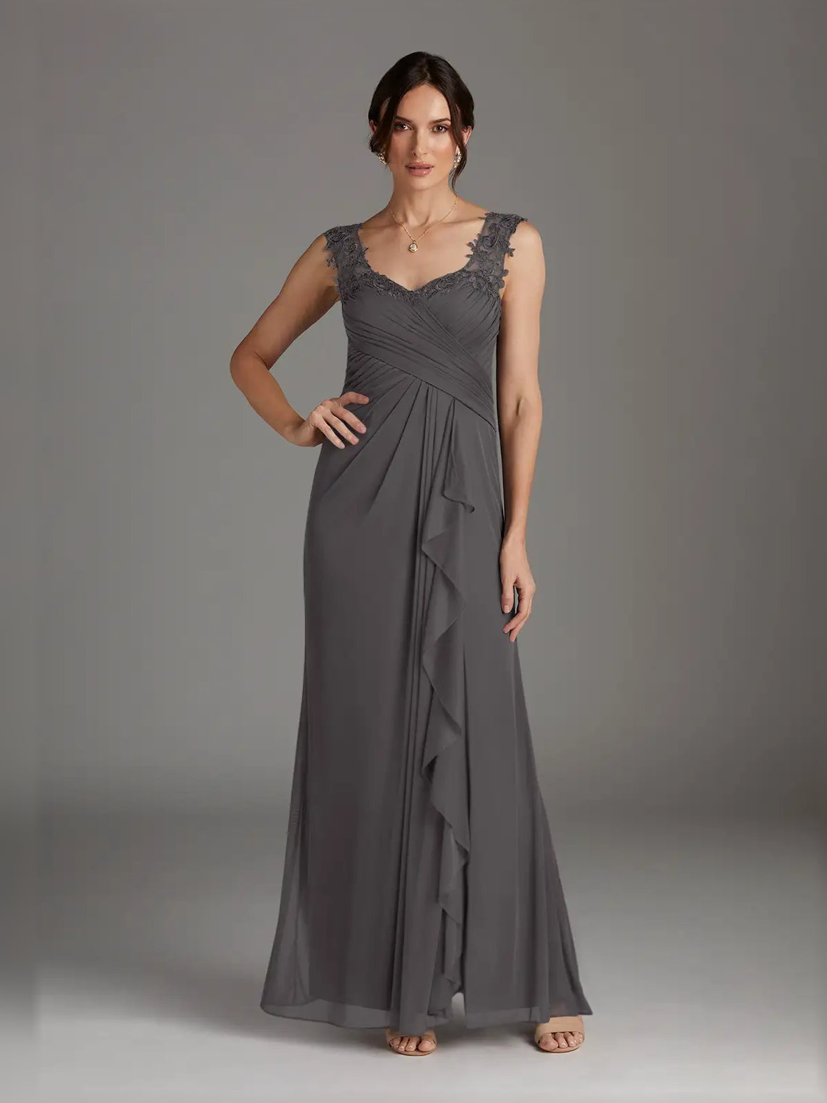 Draped Ruffled Slit V Neck A-Line Maxi Chiffon Mother of the Bride Dress for Garden Wedding