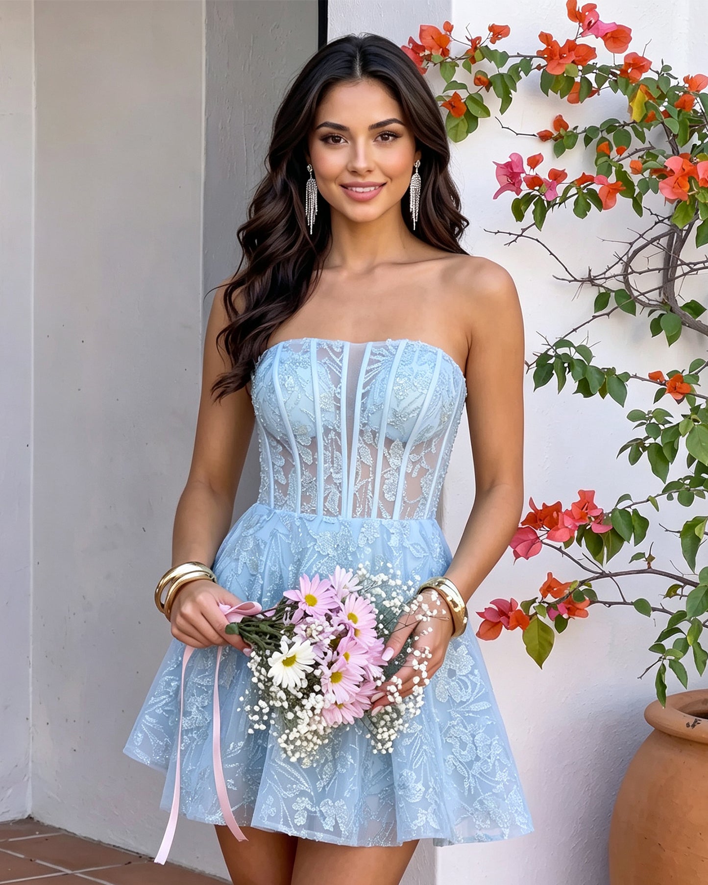 Strapless Floral Lace Corset A-Line Mini Homecoming Dress