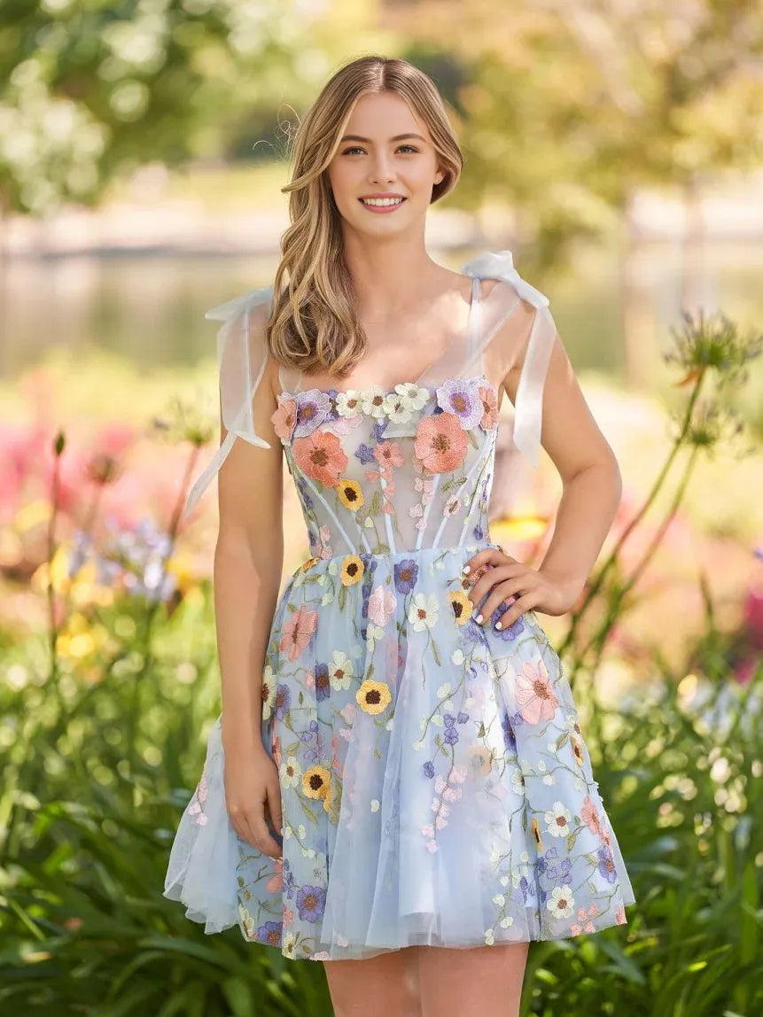 Corset Tiered Floral Ruffled Square Neck A-Line Mini Tulle Homecoming Dress for Benefit Dinner