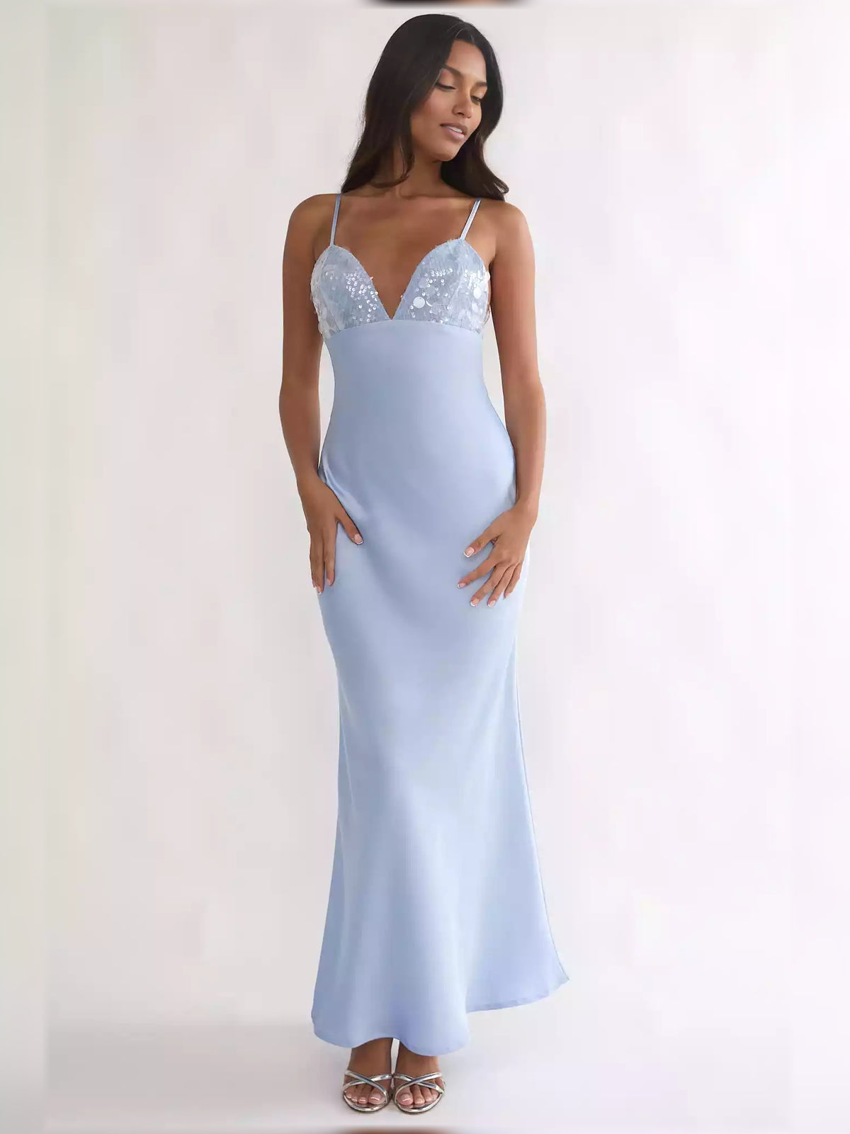 V Neck Spaghetti Strap Open Back Floor-Length Formal Dress