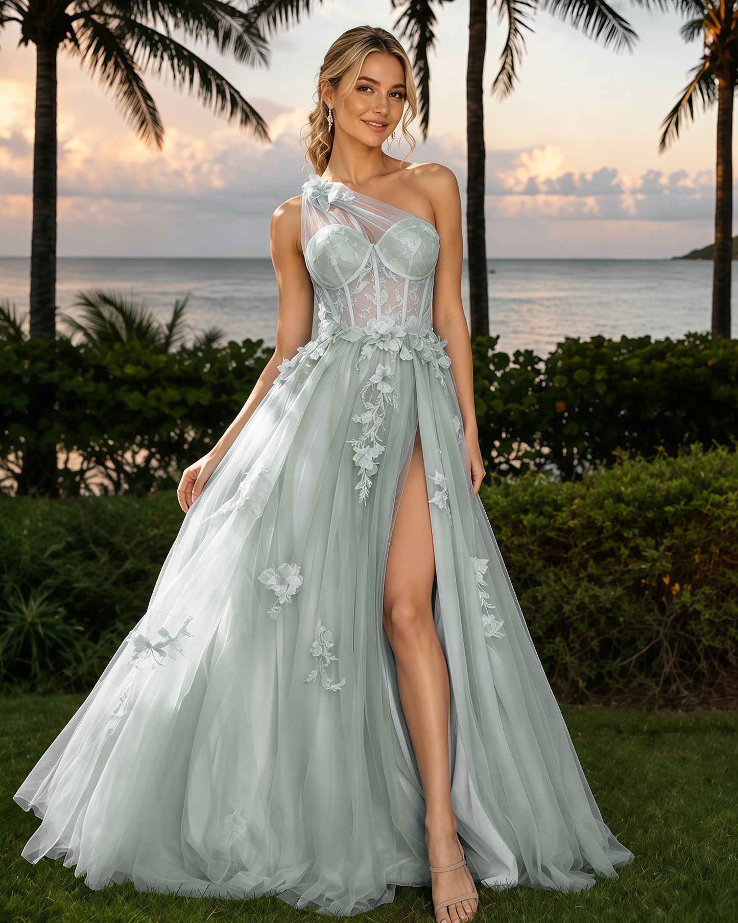 One-Shoulder Floral Applique Tulle A-Line Prom Dress with High Slit