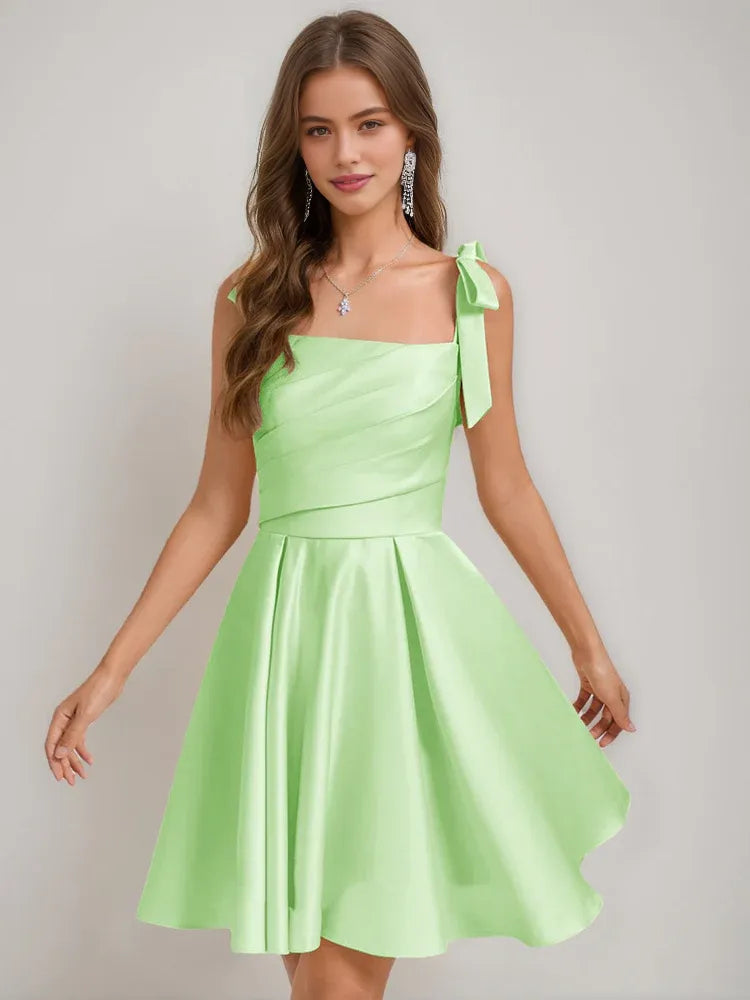 Corset Bow Square Neck A-Line Short Satin Homecoming Dress for Milestone Birthday