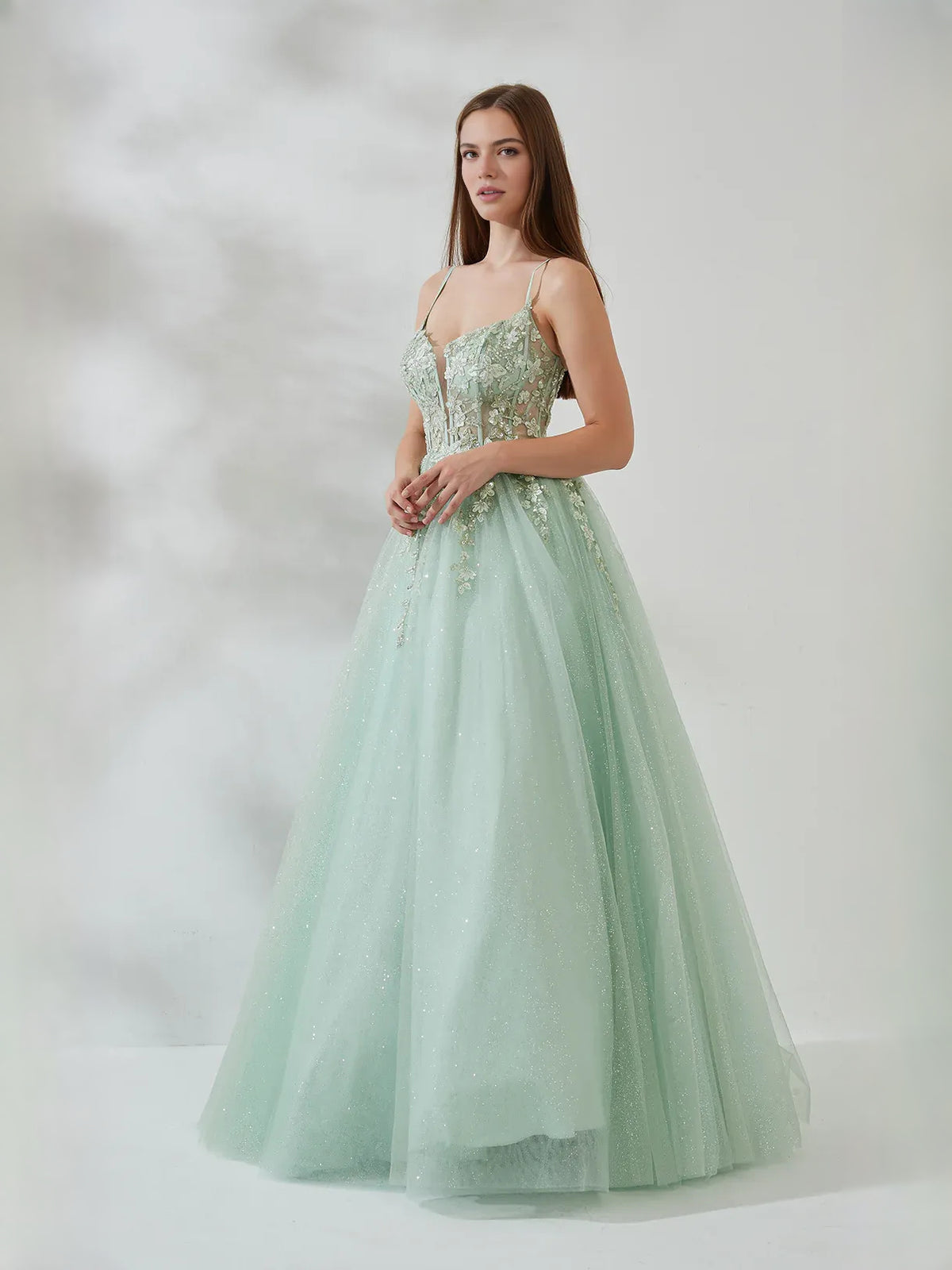 Mint Green Corset Layered Floral V Neck A-Line Floor-Length Tulle Prom Dress for Formal Reception