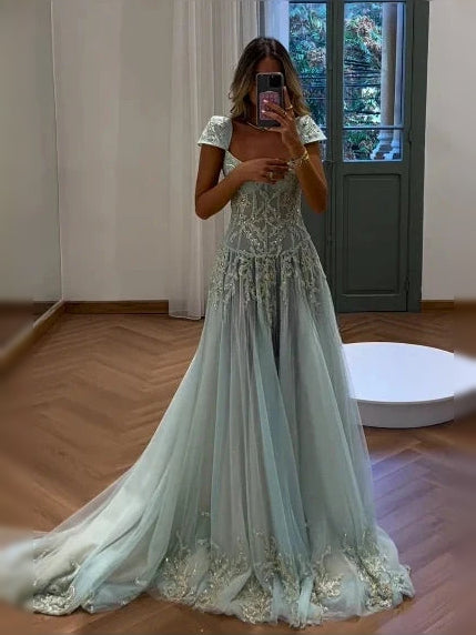 Mint Green Floral Beaded V Neck A-Line Floor-Length Tulle Prom Dress for Formal Dance