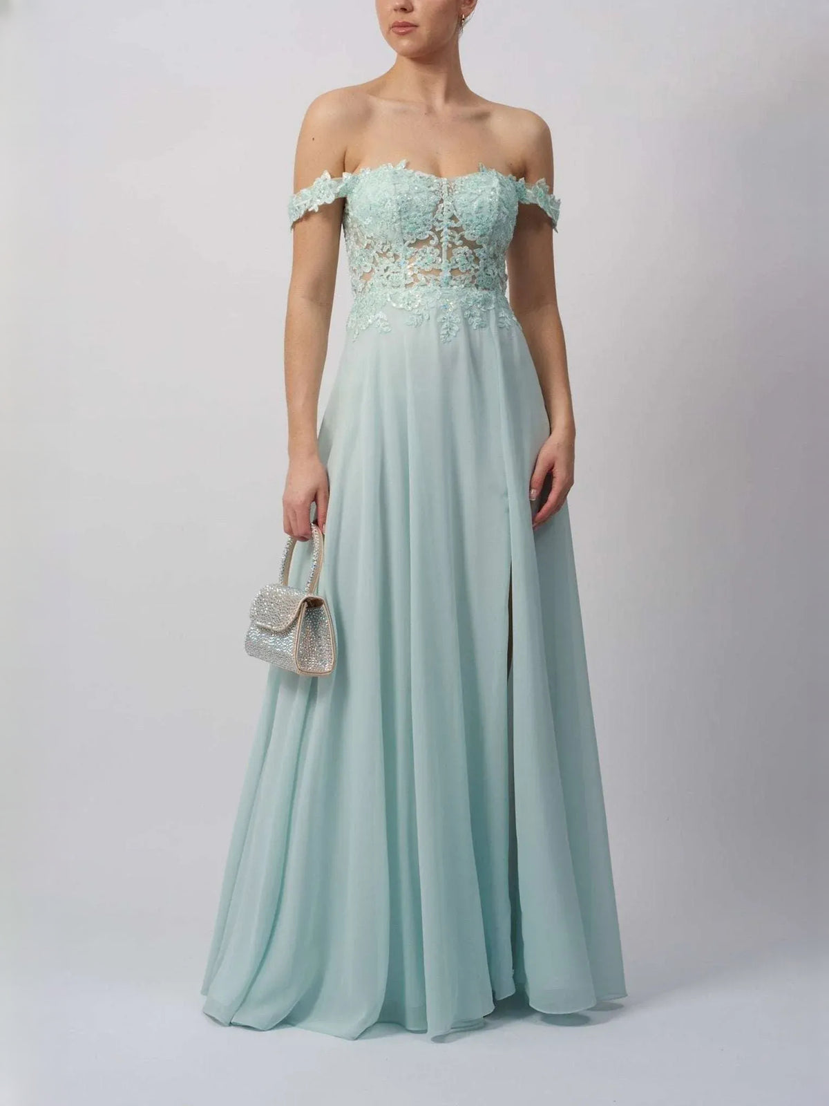 Mint Green Off Shoulder A-Line Floor-Length Chiffon Prom Dress for Ballroom Event