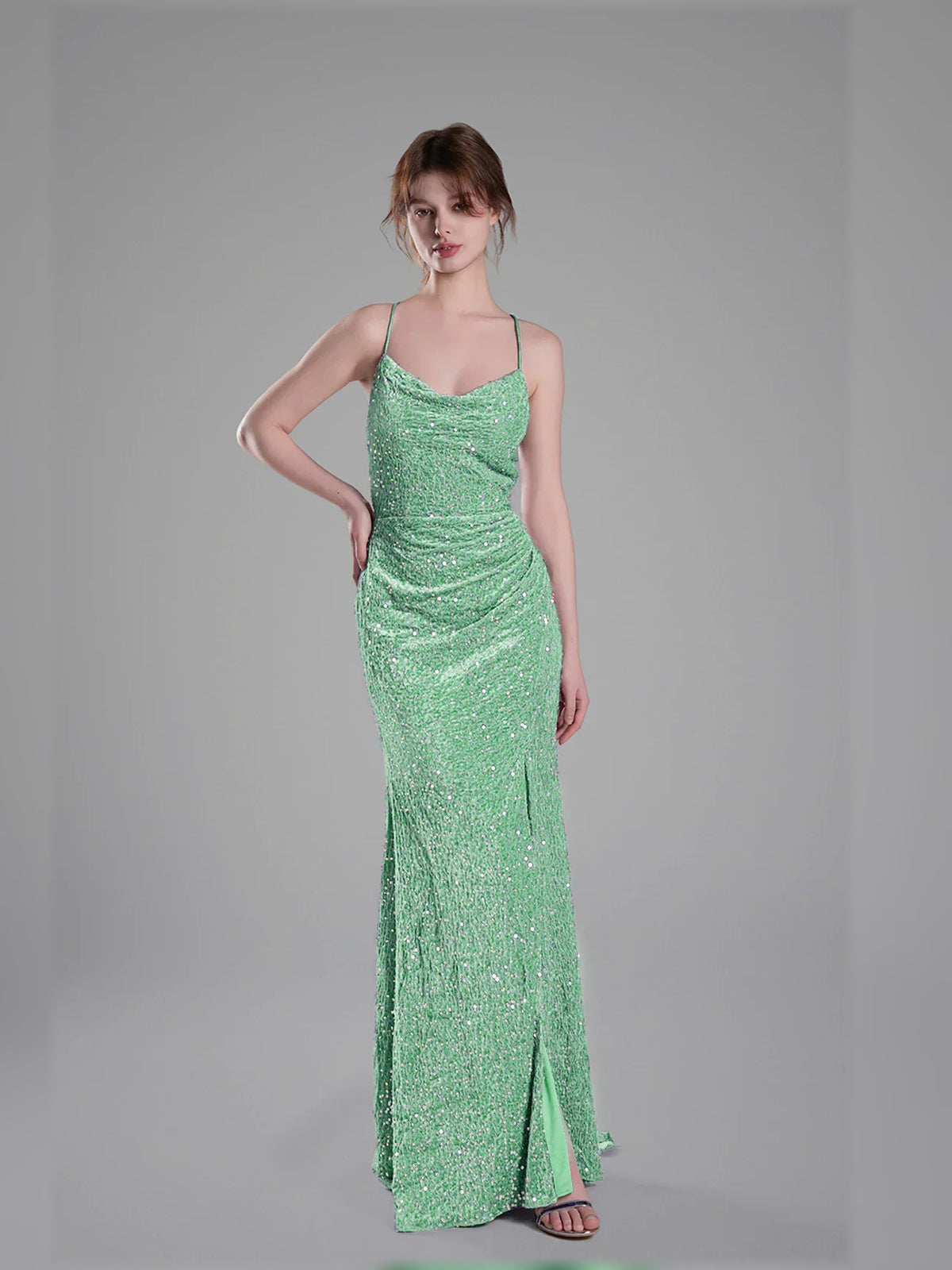 Cowl Neck Slit Open Back Floor-Length Formal Dress
