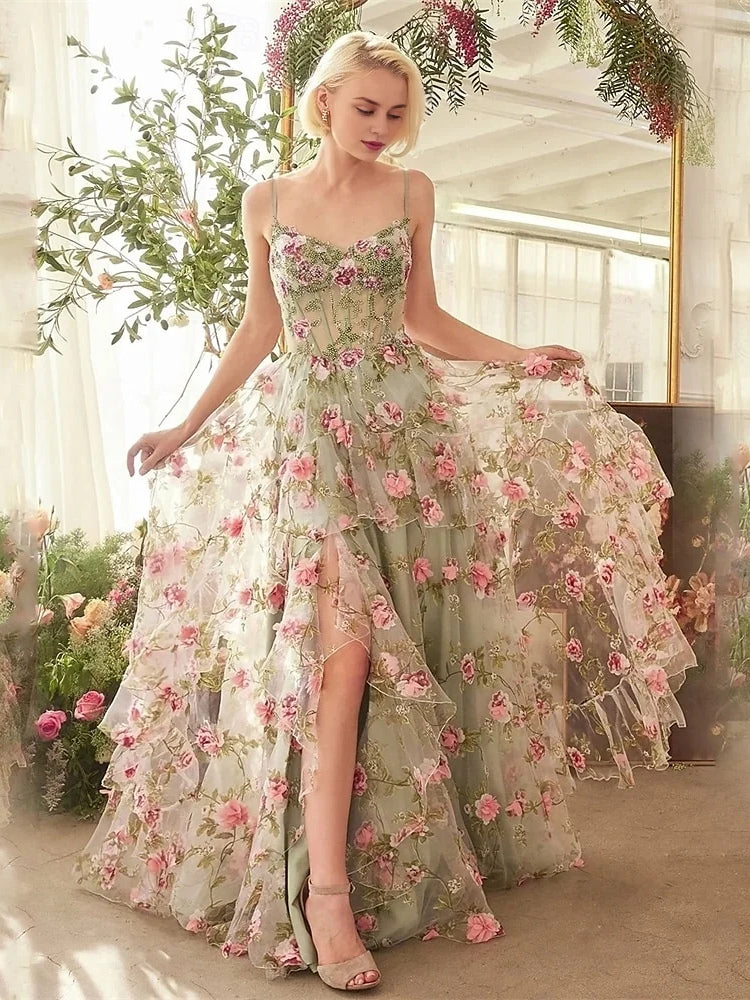 Mint Green Corset Side-Slit Floral Slit Sweetheart A-Line Floor-Length Tulle Prom Dress for Winter Formal