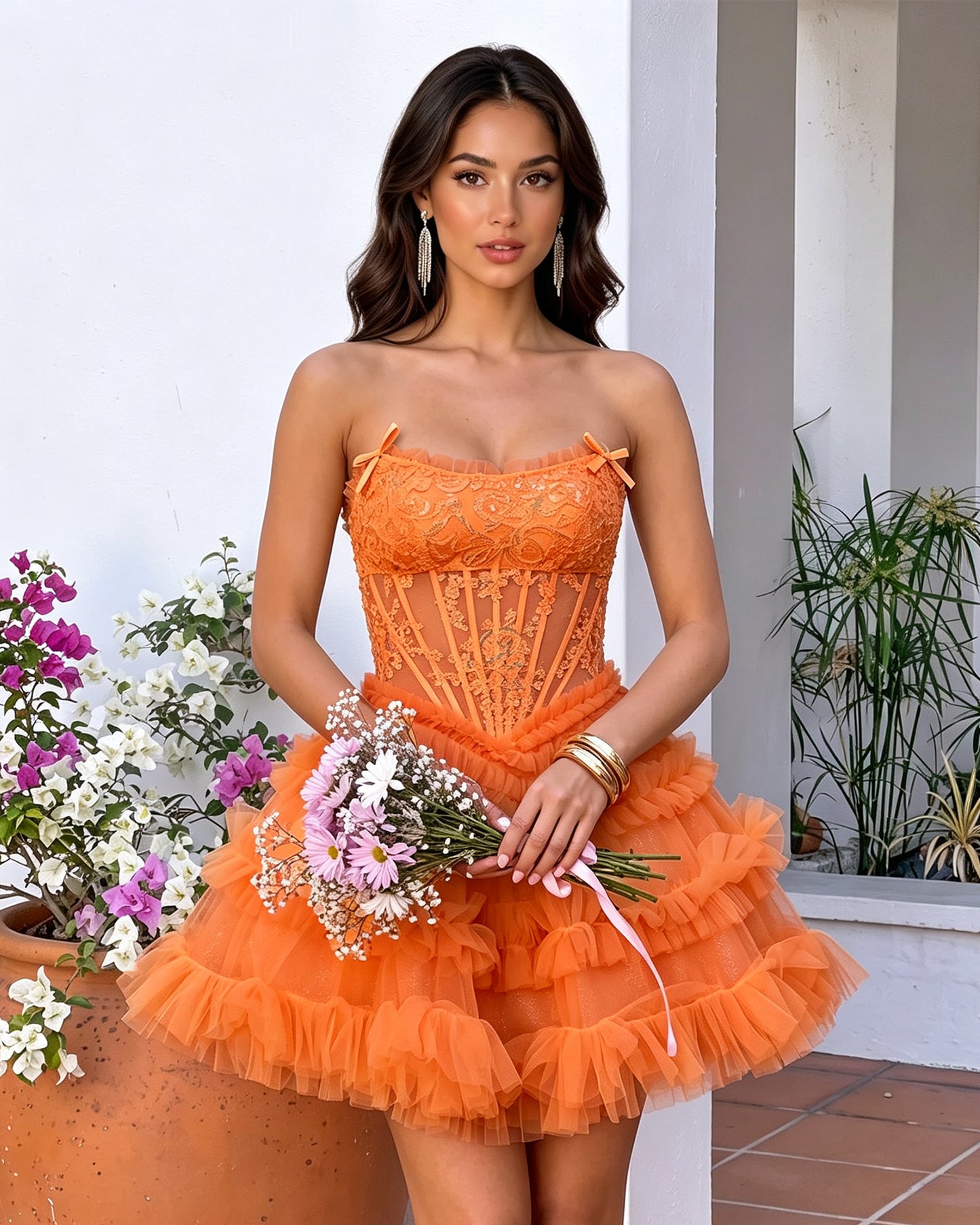 Spaghetti Strap Floral Lace Corset Tiered Tulle Mini Homecoming Dress